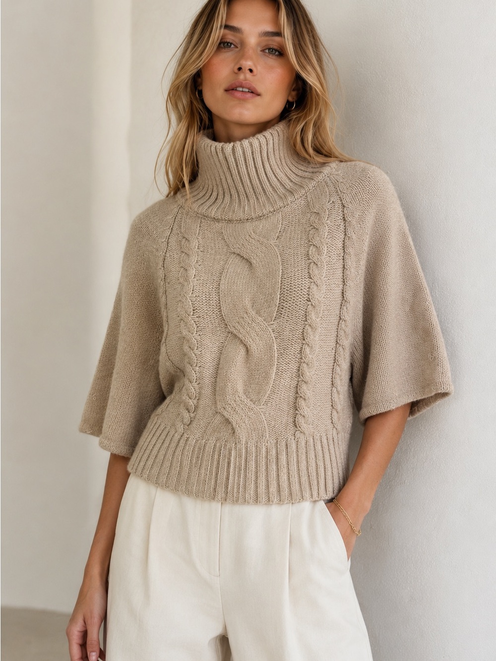 Women’s Beige Cable Knit Turtleneck Sweater Short Sleeve Cozy Chunky Pullover S
